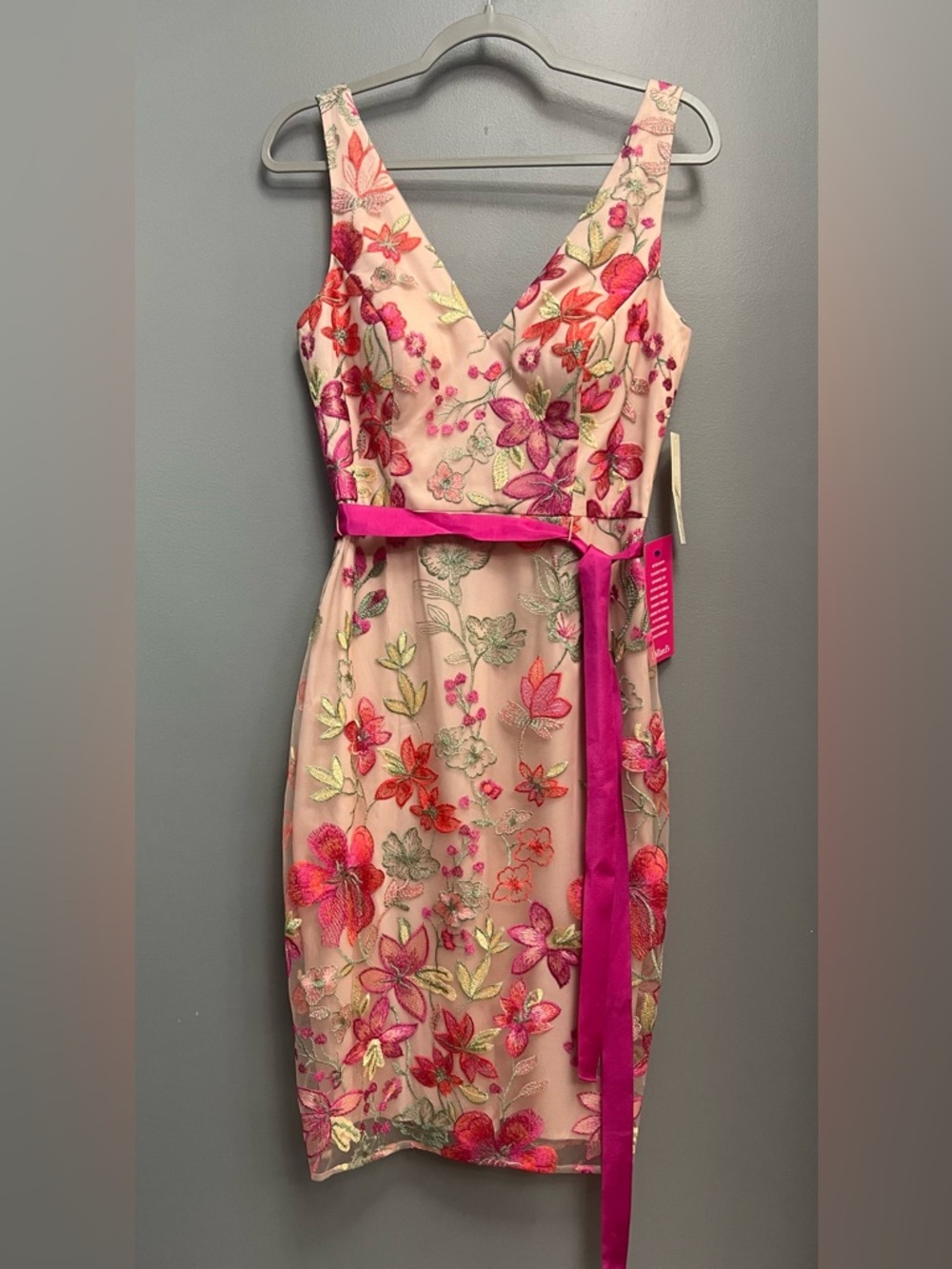 Eliza J Pink Floral Embroidered V-Neck Midi Dress with Hot Pink Sash